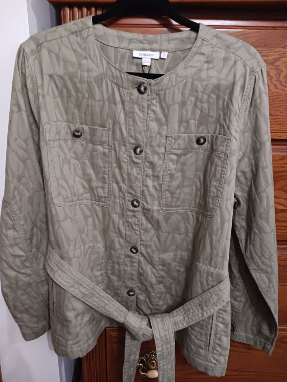 Chico's Jacquard Gauze Cotton Linen Belted Sage Green Jacket Size 2  NWT